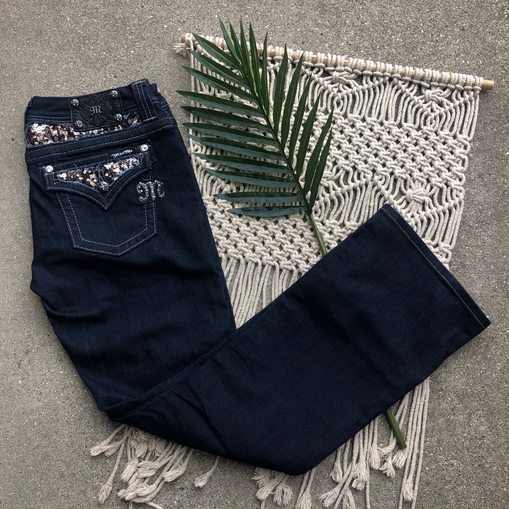 Miss Me Blue Boot Cut Jeans with Rhinestone Embellishments